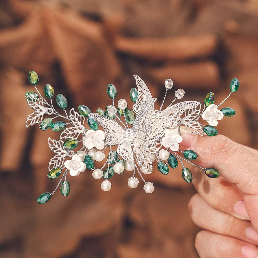 IYOU Bridal Wedding Hair Clips Green Crystal Barrette Hair Comb Butterfly Flower Headpiece Prom Bride Hair Accessories for Women