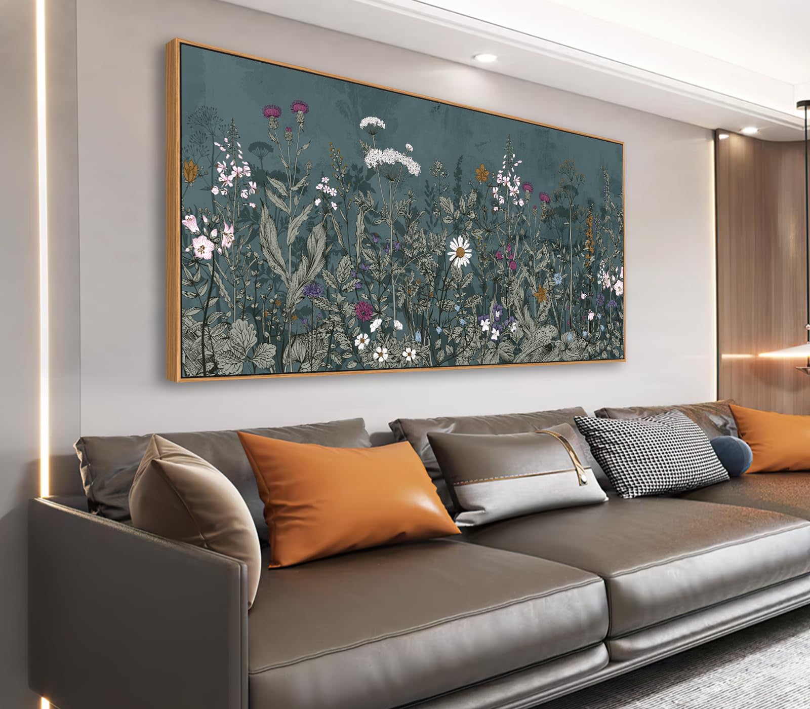 Photo 1 of NINEASO Botanical Framed Wall Art - Dusty Blue Wildflower Nature Canvas Pictures Floral Wall Decor Flower Plants Painting Print Artwork for Living Room Bedroom Home Office 29" x 58" Natural, Framed