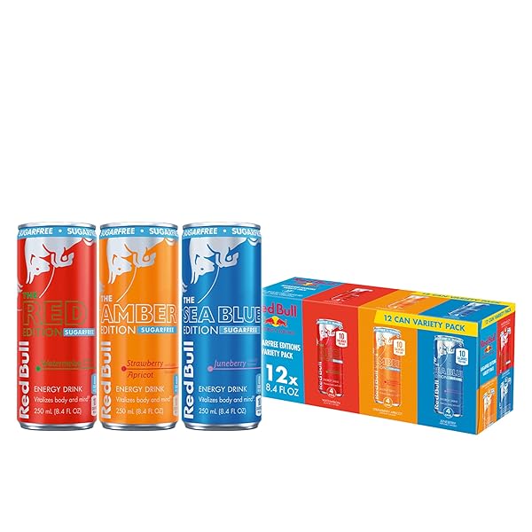 RED BULL SUGAR-FREE ENERGY DRINK VARIETY PACK, ENERGY DRINK, RED, AMBER, & SEA BLUE WITH 80MG CAFFEINE PLUS TAURINE & B VITAMINS, 8.4 FL OZ, PACK OF 12 CANS