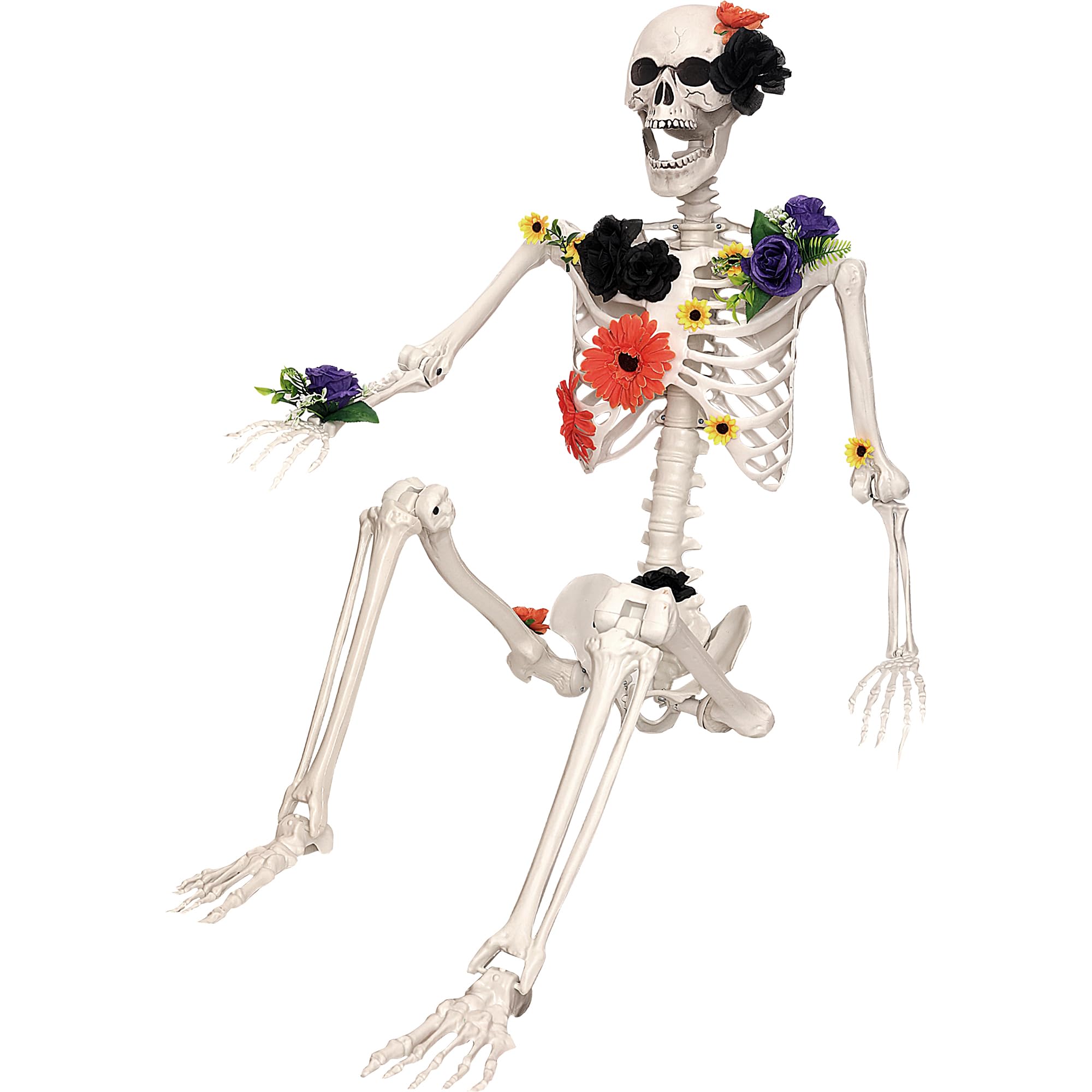 Photo 1 of 5.4ft/165cm Halloween Skeleton with Floral Accents Life Size Skeleton with Movable Joints for Halloween Props Party Decoration