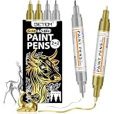 Betem 4 Gold Silver Oil Based Paint Pens, Permanent Fabric Paint Markers | Dual Tip (0.7mm &amp; 3mm), Waterproof, Quick Dry, for Rock Painting, Tire, Wood, Glass, Plastic, Ceramic, Metal, Rubber, Canvas