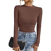 PRETTYGARDEN Womens Tops 2026 Spring Long Sleeve Fitted T Shirts Waffle Ruched Crop Shirt Basic Knit Workout Y2k Clothes