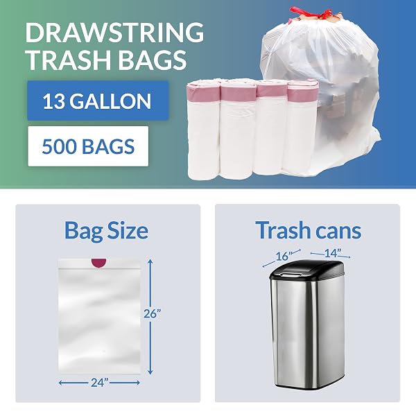 RELI. TALL KITCHEN DRAWSTRING TRASH BAGS 13 GALLON | 500 COUNT BULK | KITCHEN GARBAGE BAGS | WHITE | 13 GALLON – 16 GAL CAPACITY