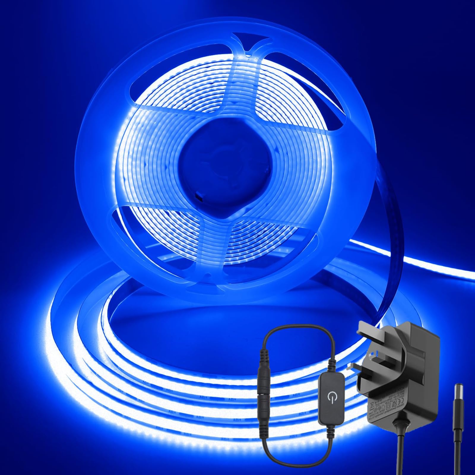 ShineBurky Blue COB LED Strip Lights, 5M Super Bright Cuttable Tape Lights with Plug, 12V Flexible CRI93+ Dimmable Light Kit for Boys Monitor Gaming Room TV Backlight Bedroom Bar Wall Ceiling Decor