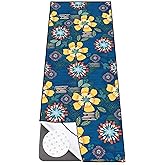 Colorful Star Yoga Towel with Corner Pockets, Non Slip Grip Dots Sweat Absorbent Hot Yoga Mat Towels, Yoga Blankets with Travel Bag, Mat Cover for Workout, Gym, Fitness - 70"x26", Blue Yellow Flowers