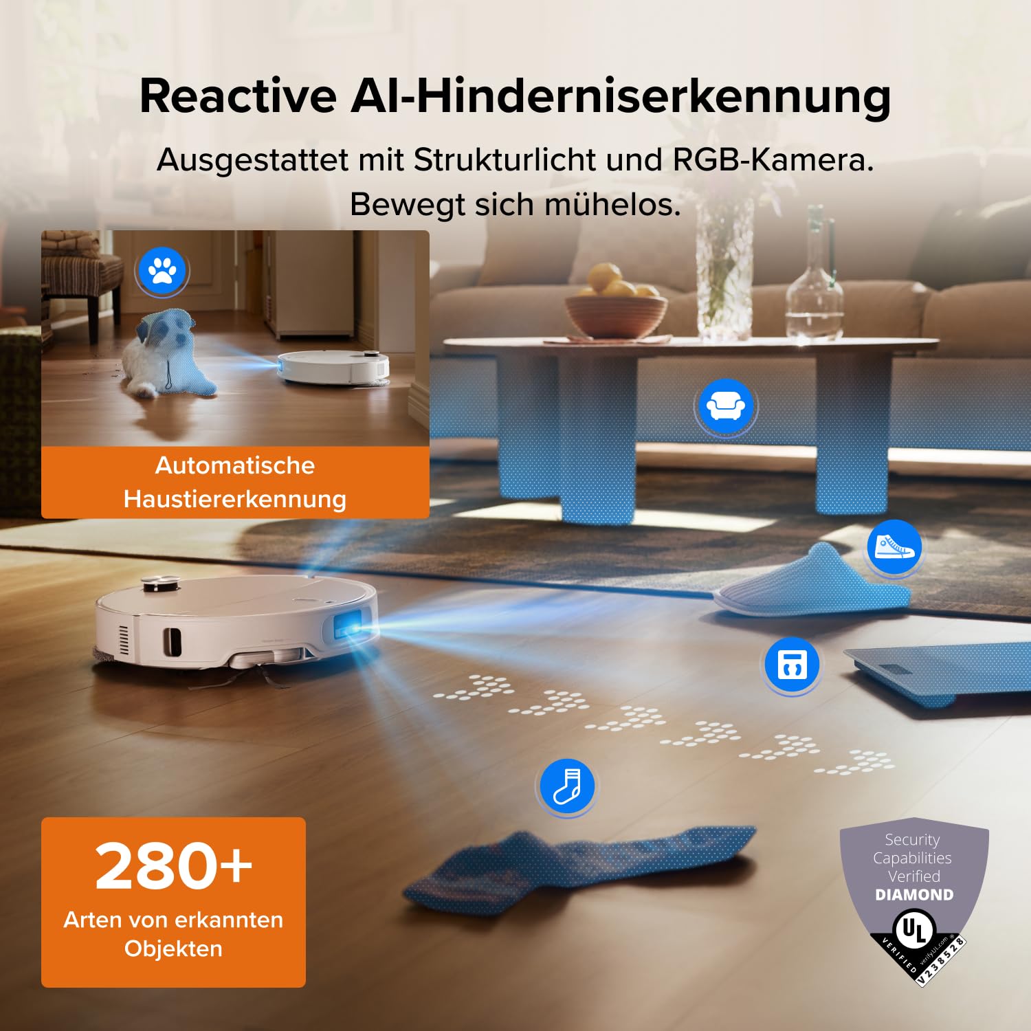 roborock Qrevo Edge 2 Set Saugroboter mit Wischfunktion&Hebarem Wischmopp, 25.000 Pa, Anti-Tangle, ultraflach 7,98 cm, 80 °C Heißwasser-Moppwäsche, FlexiArm-Technologie, AI-Hinderniserkennung(Weiß) 8
