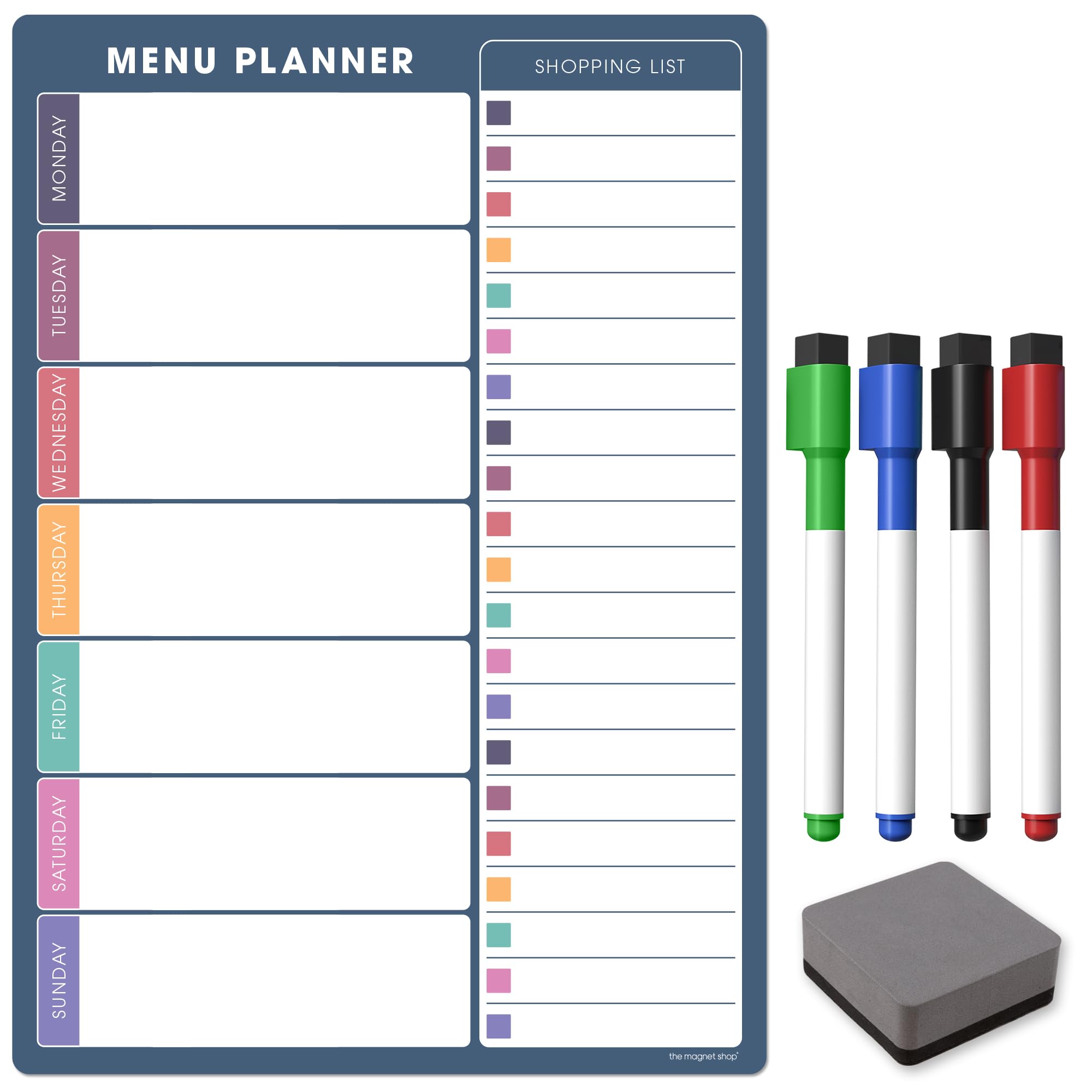 TMS Weekly Menu Planner A4 | Dry Erase Meal Planner, Whiteboard and Shopping List for Your Home, Kitchen, Fridge and Family | with 4 Dry Wipe Pens and Eraser (Navy Blue, A4)