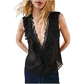 SweatyRocks Women's Ruffle Lace Trim Mesh Chiffon Tank Tops Sleeveless Going Out Blouses Shirt