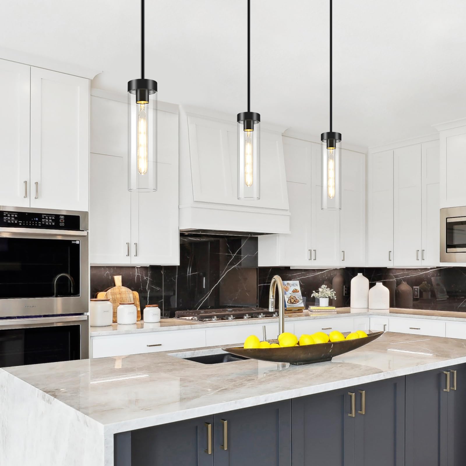 Condition photo showing New/Like New for ykyqqlt mondern black kitchen island pendant lights fixtures, 12'' long glass island pendant light,c