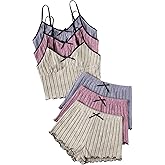 GORGLITTER Women's 6 Piece Ribbed Pajama Set Frill Trim Spaghetti Strap Cami Shorts Lounge Set Sleepwear