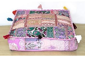 CRAFT KALA Indian Square Patchwork Traditional Pouf Cover Indian Living Room Poufs Decorative Embroidered Designer Ottoman Home Living Footstool Chair Cover Decor Pillow Cover 22x22x5 inches Baby Pink
