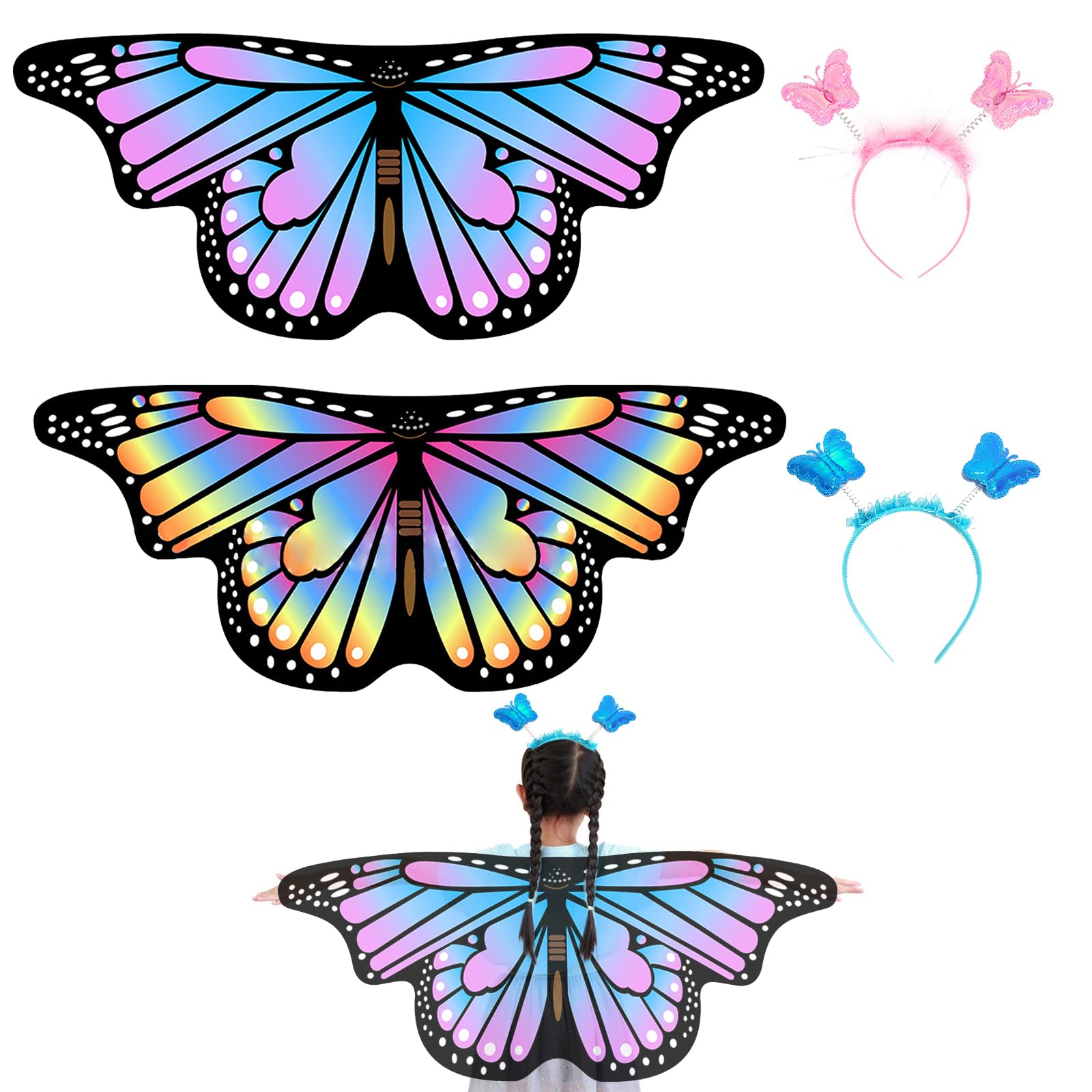 AffeGifts Kids Butterfly Wings Cape, 2pcs Butterfly Fairy Wings with Headband Kids Butterfly Cloak Costume Butterfly Dress Up for Girls Fancy Dress Party Play Party Favor 3-6 Years Old (Blue+Pink)
