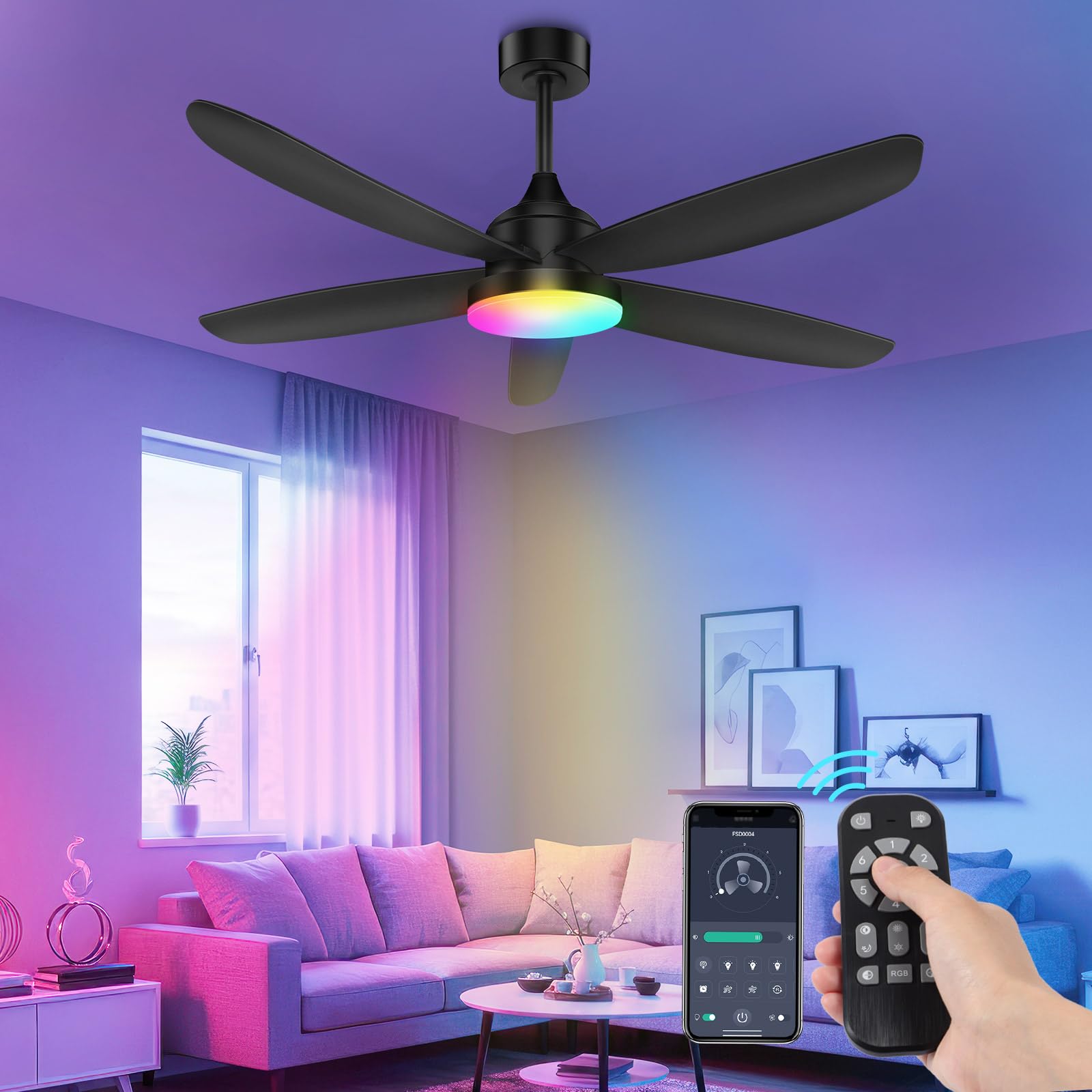 Photo 1 of OUTON Ceiling Fan with Light, Remote & APP Control, 42" Black RGB Ceiling Fans with 6 Reversible Speeds, 3000-6500K Stepless Dimming, Modern Small Low Profile Ceiling Fan for Bedroom/Indoor/Outdoor