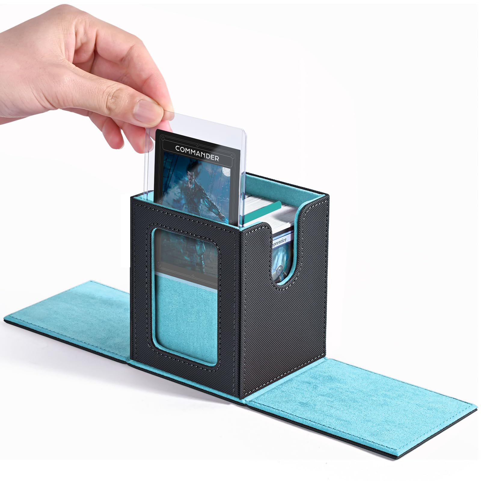 Photo 1 of ZLCA MTG Deck Box with Commander Window Display, Trading Card Storage Box Holds 100 Double-Sleeved Cards Suitable for TCG/CCG/PTCG/EDH/Magic/Sport Cards (Grey&Blue)