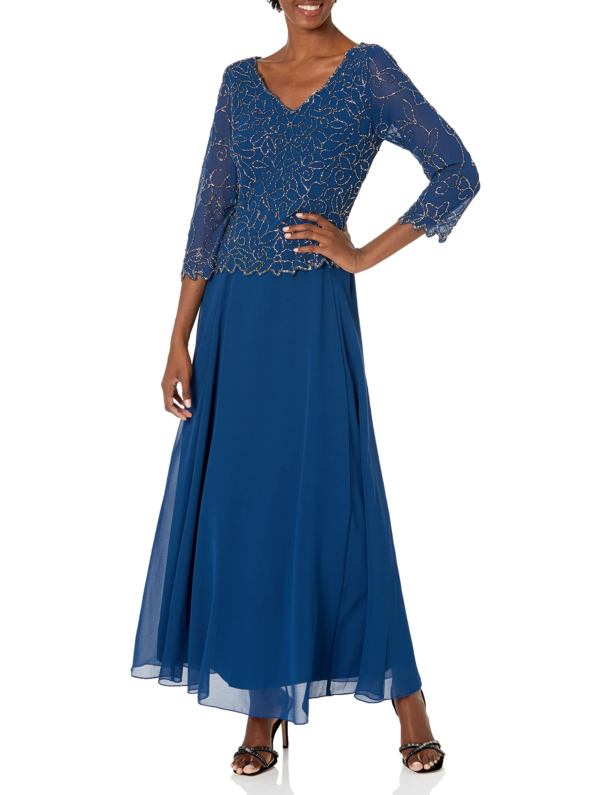 Photo 1 of J Kara Women's V-Neck with 3/4 Sleeve Long Dress, Cobalt Multi, 16