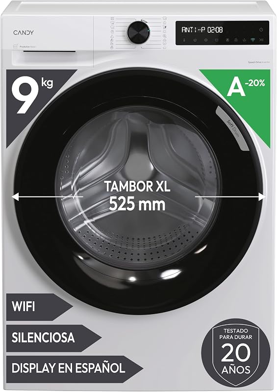 ProWash 500 BR 49SBL8-S, Lavadora 9 KG, 1400 RPM, Display Digital, Conectividad WIFI, 16 Ciclos, Motor Inverter, Inicio Diferido 24H, Bloqueo Infantil, Tambor 52,5cm, 72 DB, Blanco