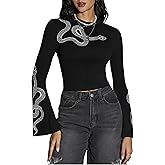 Verdusa Women's Gothic Clothes Y2K Long Bell Sleeve Crop Top Snake Print Country Concert Outfits Goth Shirt