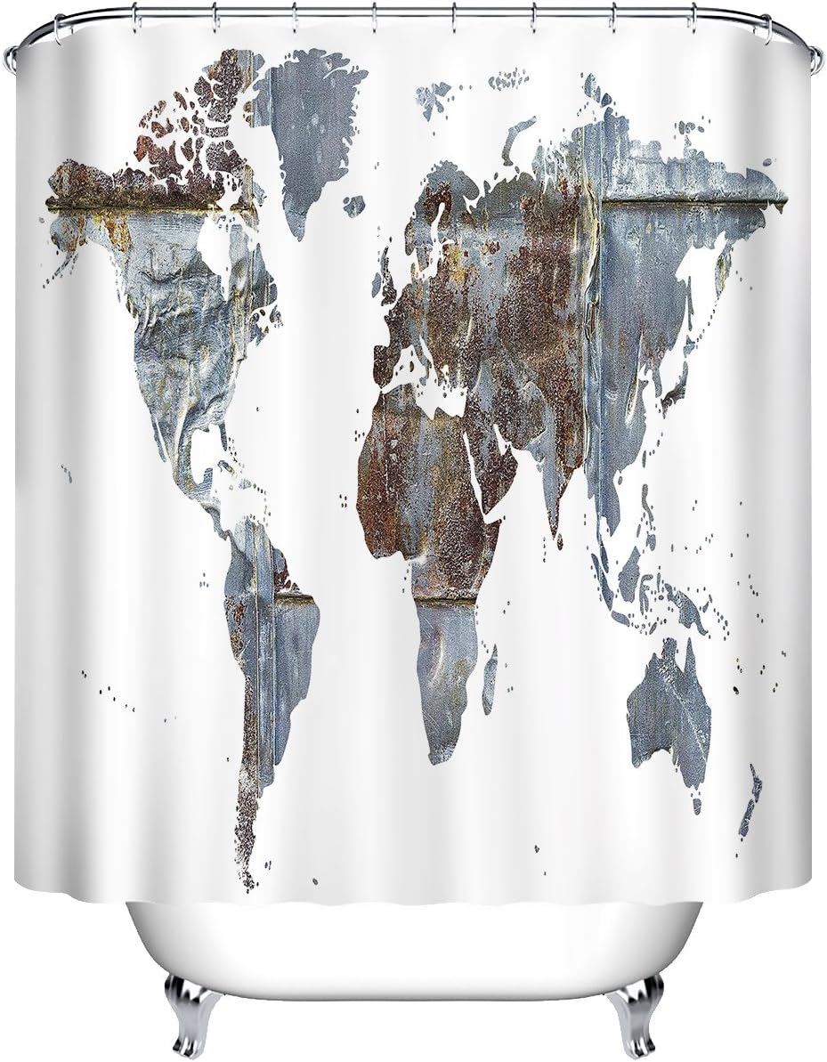 LB Abstract World Map White Background Shower Curtain Set for Bathroom, Global Map Decor Curtain, 59 W x 70 L Polyester Fabric Shower Curtain Waterproof