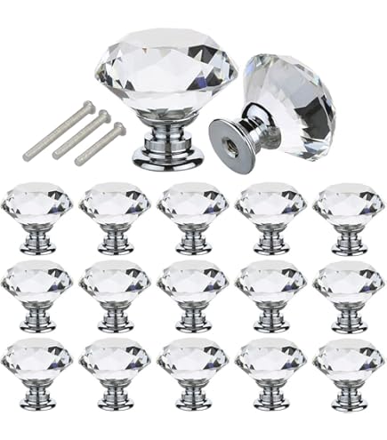 Crystal Cabinet Knobs 4Pack Clear Glass Diamond Shape Drawer Knobs 50mm Diamond Dresser Pulls Door Knobs Cabinet Pulls Cupboard Wardrobe Handles For Kitchen Office Cupboard Drawers (Silver, 4 PCS