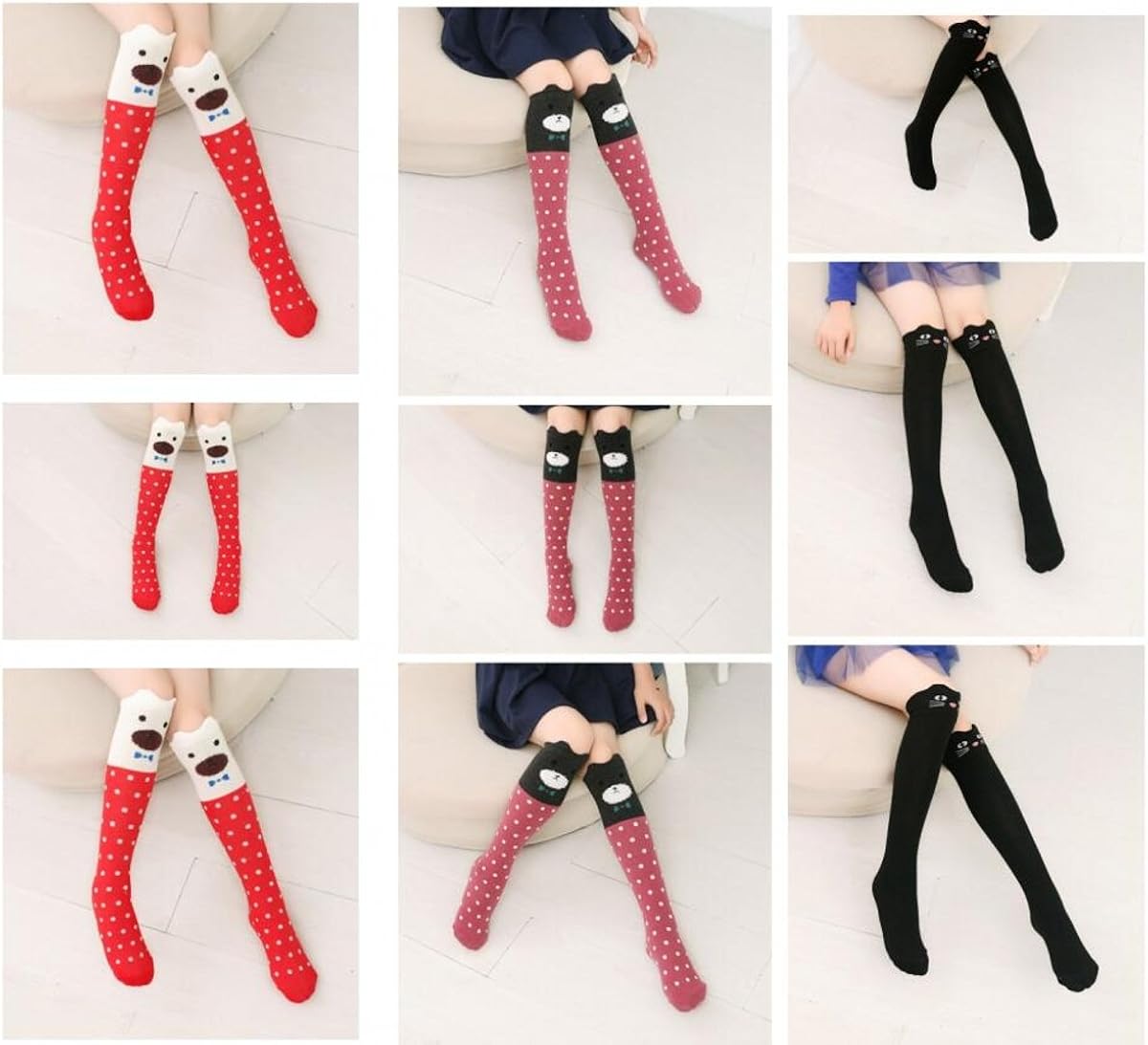 Girl Cartoon Animal Cat Bear Fox Cotton Over Calf Knee High Socks, 15.74-16.53 inch/40-42 cm, Mixed colors: Clothing