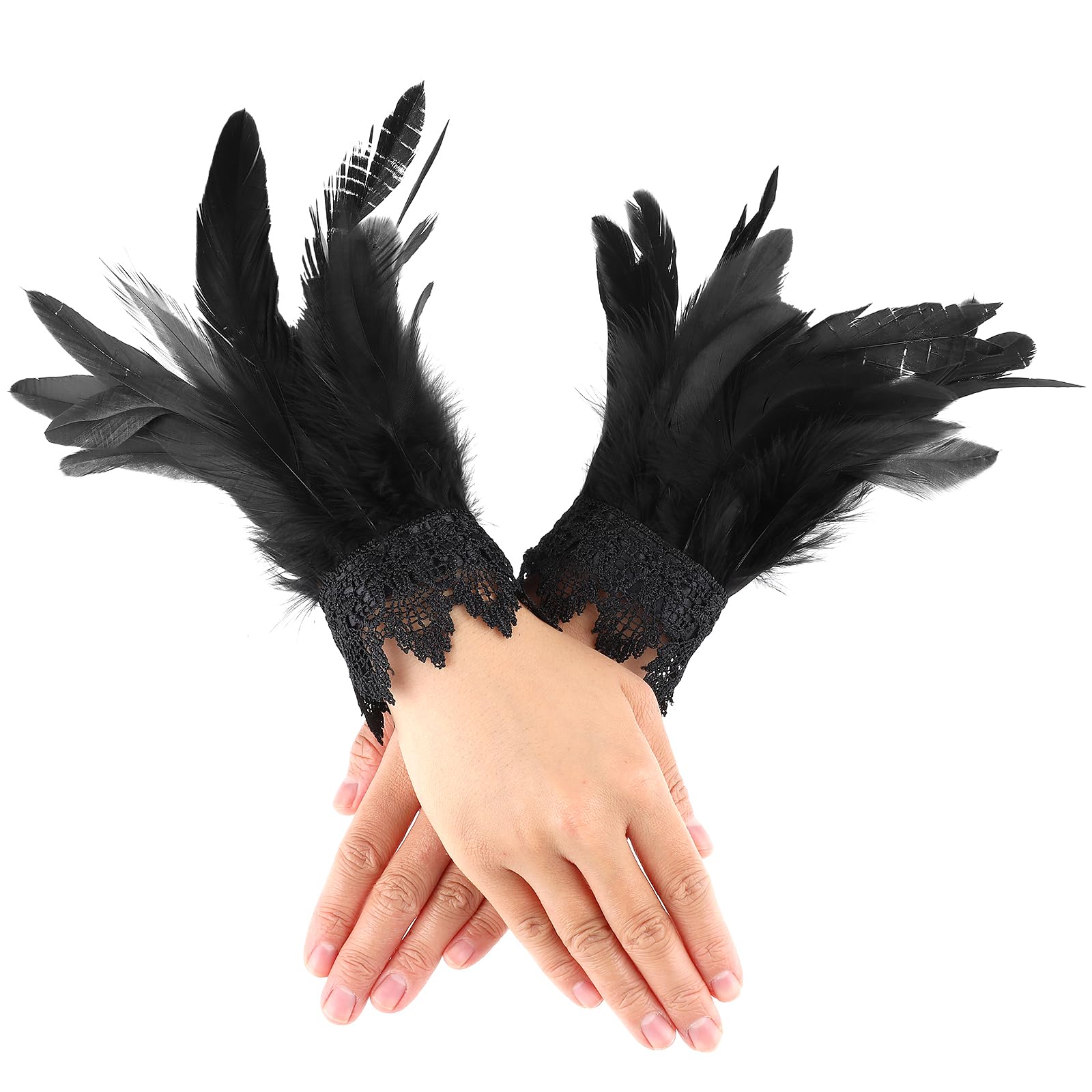 COMNICO Women's Feather Wrist Cuffs Floral Lace Wings Bracelets Black Gothic Mesh Wristband for Cosplay Halloween Costume