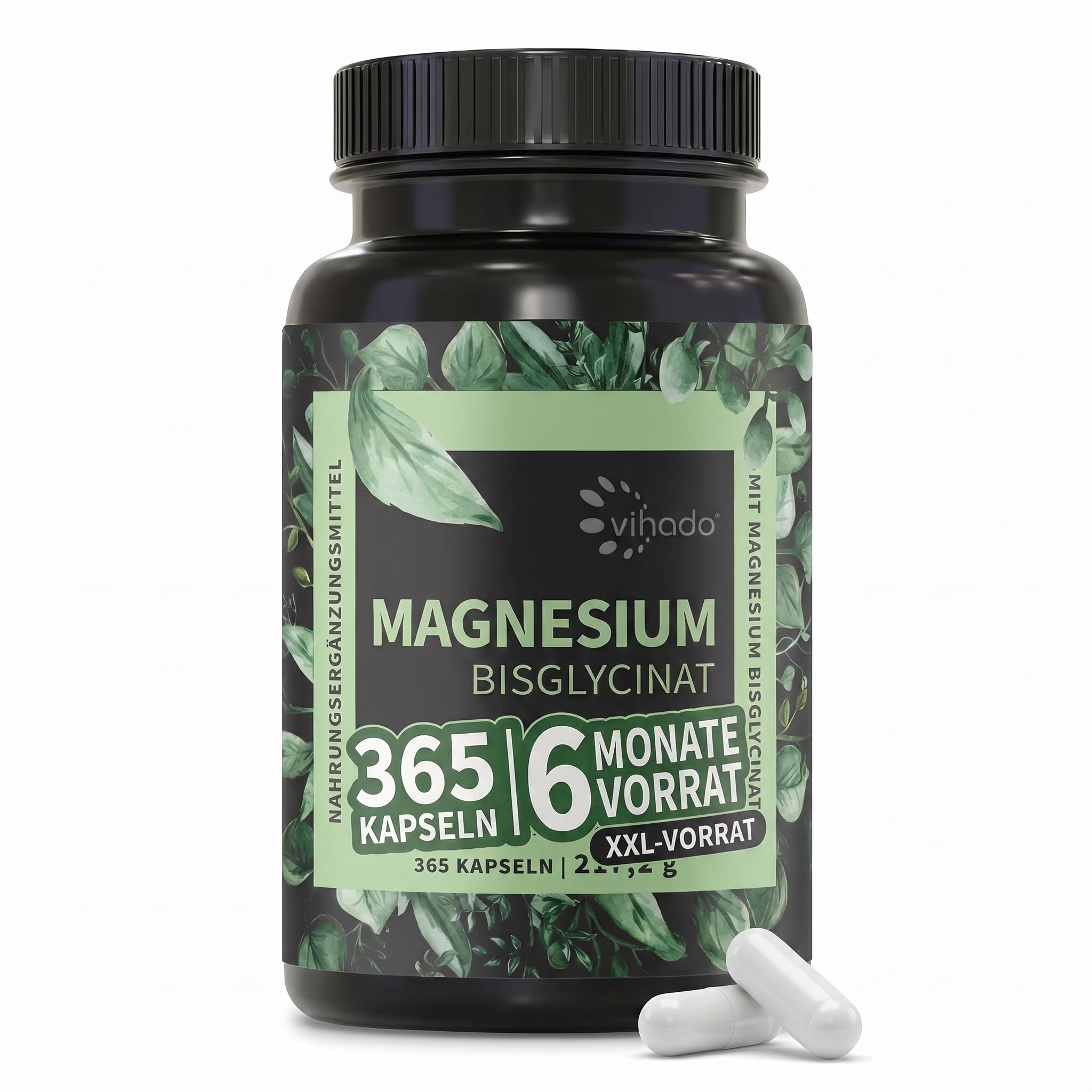 Vihado Magnesium Bisglycinat 365 XXL-Vorrat, 200 mg elementares Magnesium pro Tagesdosis, hochdosiert, 365 vegane Kapseln