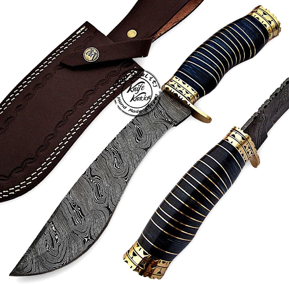 Beautiful Blue Wood 13" Kukri Fixed Blade Handmade Damascus Steel Hunting Knife with 100% Prime Quality