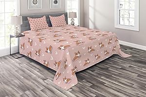 Ambesonne Dog Lover Coverlet, Little Corgi Jumping Running and Standing Cartoon Hearts Background, 3 Piece Decorative Quilted Bedspread Set with 2 Pillow Shams, Queen Size, Orange White