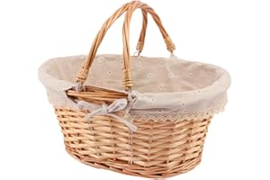 Geytetqi Natural Wicker Basket with Linen Lining, 14 Inch Large Wicker Woven Picnic Basket with Handle for Picnic, Camping, Outdoor Party