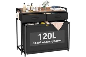 STIKELY Laundry Hamper Laundry Basket with 3 Section Pull-Out Rolling Bags, Laundry Sorter for Organization and Storage with 2 Pull-Out Drawers for Laundry Room, Bathroom, Bedroom Use (Rustic Brown)