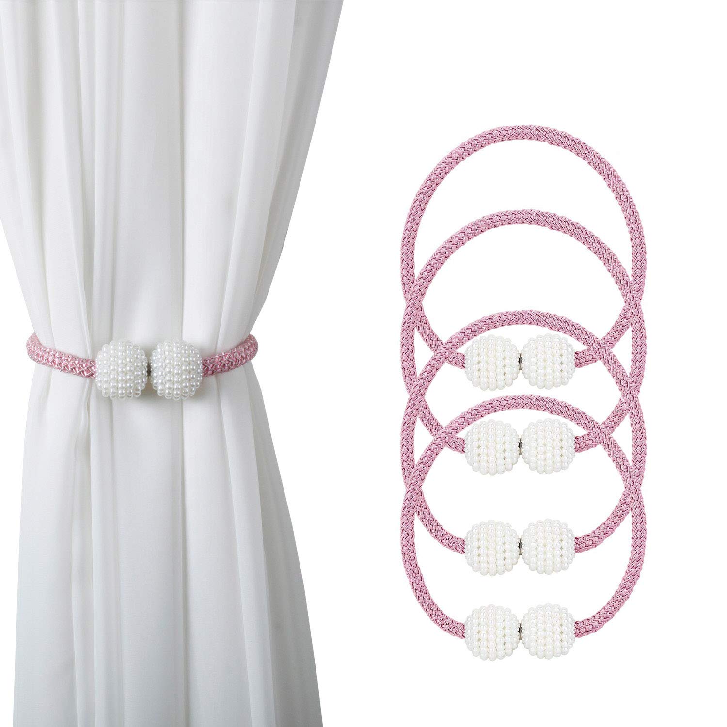 Magnetic Curtain Tie Backs, 4PCS Magnetic Curtain Clips Rope Curtain Holder Buckles Small Bead Curtain Buckle Clips Rope Holders for Home Office Hotel Window Decoration (Pink)