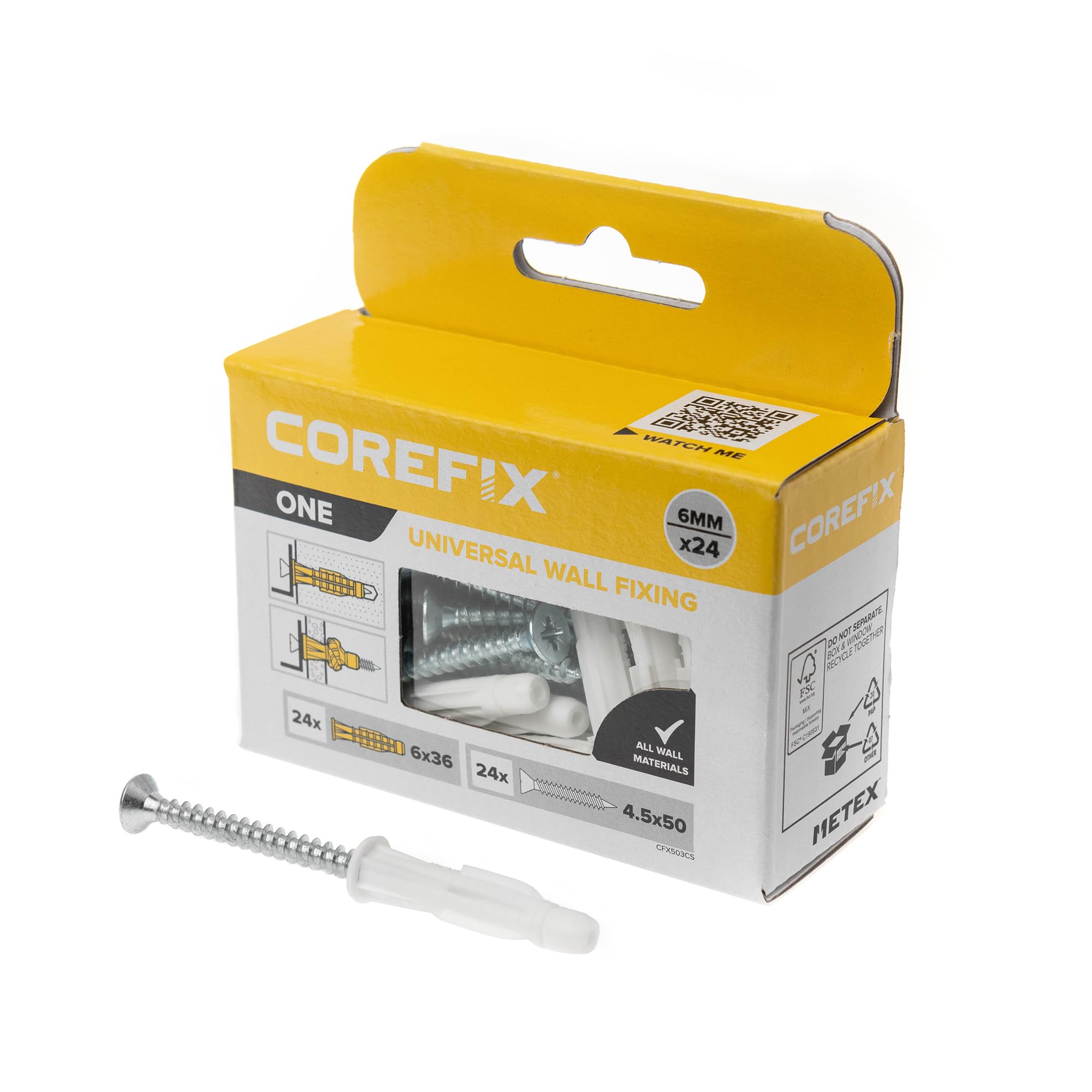 Corefix ONE Universal Wall Plugs & Screws Pack of 24, Medium Duty (60kg in masonry) Wall Fixing Suitable For All Wall Types. Perfect For Mounting Shelves, Hanging Pictures & Securing Electrical Boxes