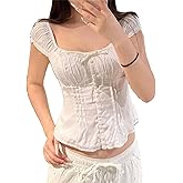 Women Y2k Shirts Short Sleeve Coquette Square Neck Button Ruffle Lace Patchwork Fairy Grunge Going Out Tops Tees