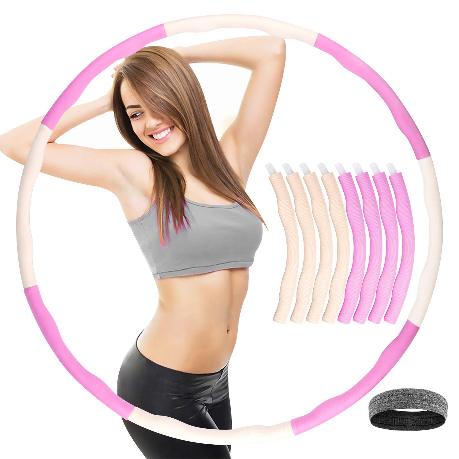 Gvoo Hula Hoops, 8 Section Detachable Weighted Hoola Hoops, Adjustable Diameter Foam Padded for Gym, Exercise, Losing Weight and Keeping Fit with Headband