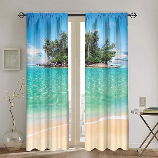 Cortina de isla para baño, isla tropical arenosa costa de agua