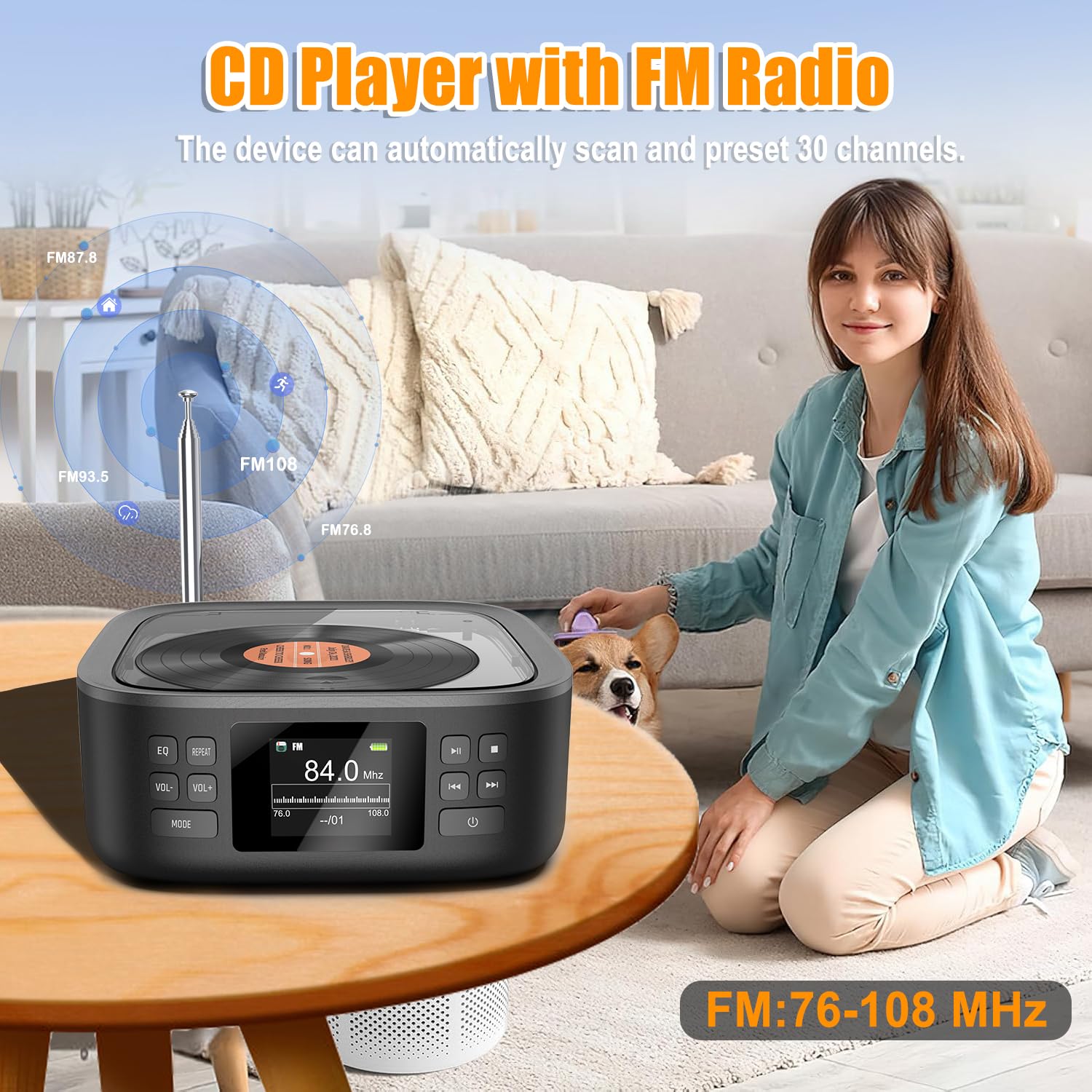 Portable CD Player Bluetooth,Desktop CD Player with Bluetooth Music Boombox Portable CD Players for Home Built-in Dual Speakers FM Radio & Speaker, LED Screen Support USB/AUX Headphone Jack