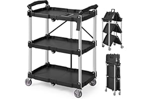 VEVOR Foldable Utility Service Cart, 3 Shelf 165LBS Heavy Duty Plastic Rolling Cart with Swivel Wheels (2 with Brakes), Ergon