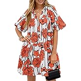 Wenrine Women's Summer Button Down Shirt Dress Floral Puff Short Sleeve Casual Loose Fit Beach Mini Dresses
