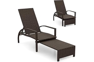 HAPPYGRILL Outdoor Rattan Wicker Chaise Lounge Chair with 6-Position Backrest, Retractable Ottoman, Armrests, Patio Reclining