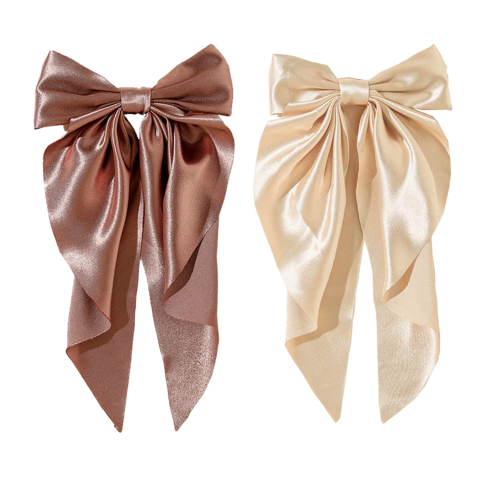 LERTREEUK 2 Pieces Large Bow French Style Solid Color Knotted Hair Clips with Long Ribbon for Women and Girls (Champagne+Brown)