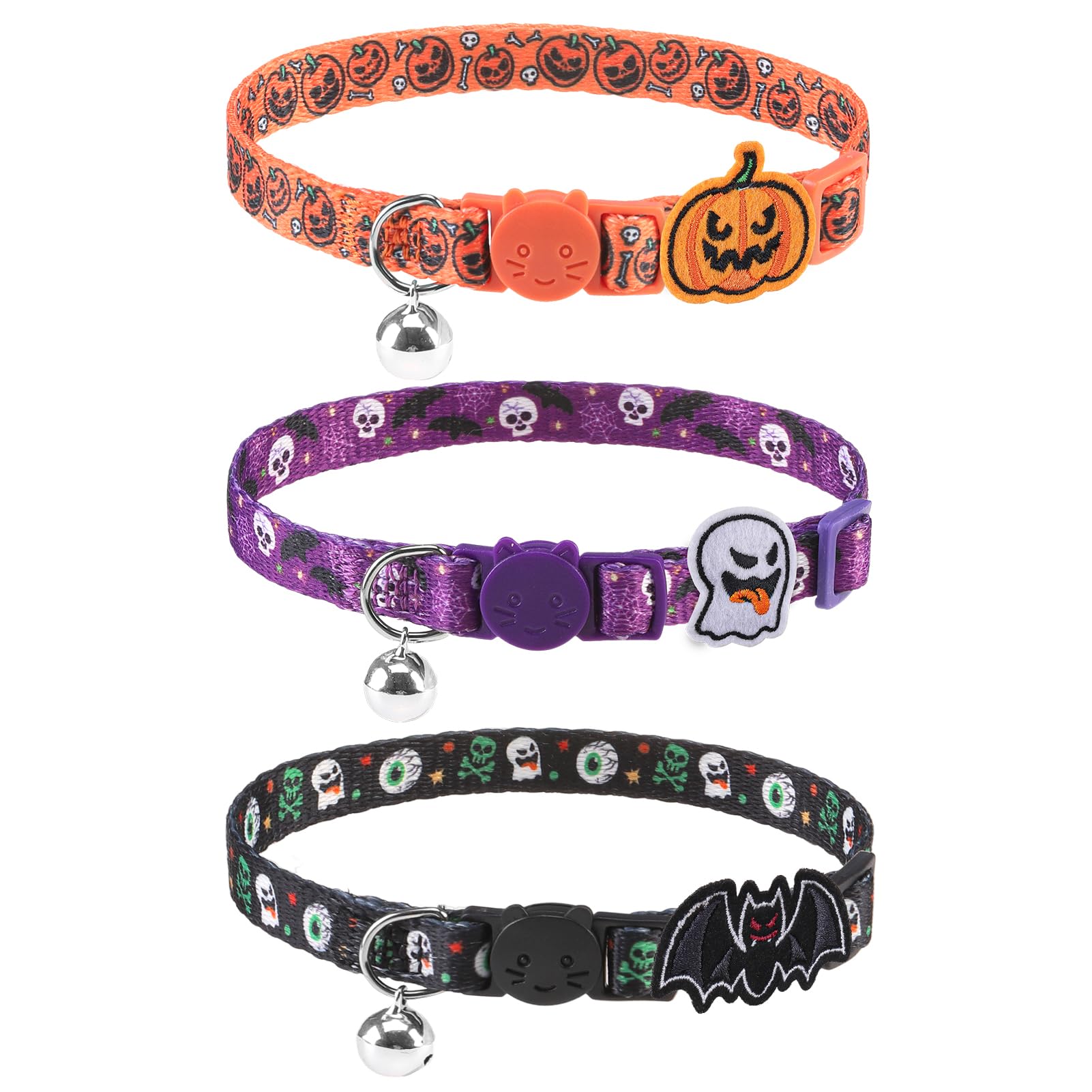 Photo 1 of PUPTECK Halloween Cat Collar Breakaway with Bells - 3 Pack Kitten Collar Outfit Adjustable for Girl Boy Small Pet Puppy Bunny Costume with Safety Buckle, Orange Purple Black