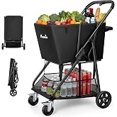 KEDSUM 280LB 2-Tier Grocery Cart with Wheels, Foldable Shopping Cart | 4.59 Cu. Ft.,7-Inch Dual-Bearing Rubber Wheels, 600D Oxford Fabric, Thickened Steel Frame, Foldable