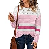 Sidefeel Women's Oversized Sweaters Striped Crochet Boat Neck Hollow Out Lightweight Long Sleeve Knit Trendy Pullover Tops