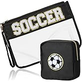 BuyCard 2 Pcs Soccer Gifts Makeup Bag with Chenille Letter Patch, Clear Cosmetic Pouch PVC Organizer Purse, Waterproof Travel Bag, Portable Toiletry Storage Bag for Her Girls Friends Women