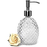 Glass Soap Dispenser with Stainless Steel Pump, 12oz Clear Dish Soap/Hand Soap/Laundry Soap/Lotion Dispenser, Refillable Liquid Dispenser for Bathroom Kitchen Shower (Transparent)