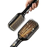 PRITECH Hair Straightener Brush - Upgraded Ionic Plus, Dense Bristles, 5 Temps, 20s Fast Heat, Anti-Scald, Dual Voltage | Ceramic for Thick/Curly Hair (Black Gold)