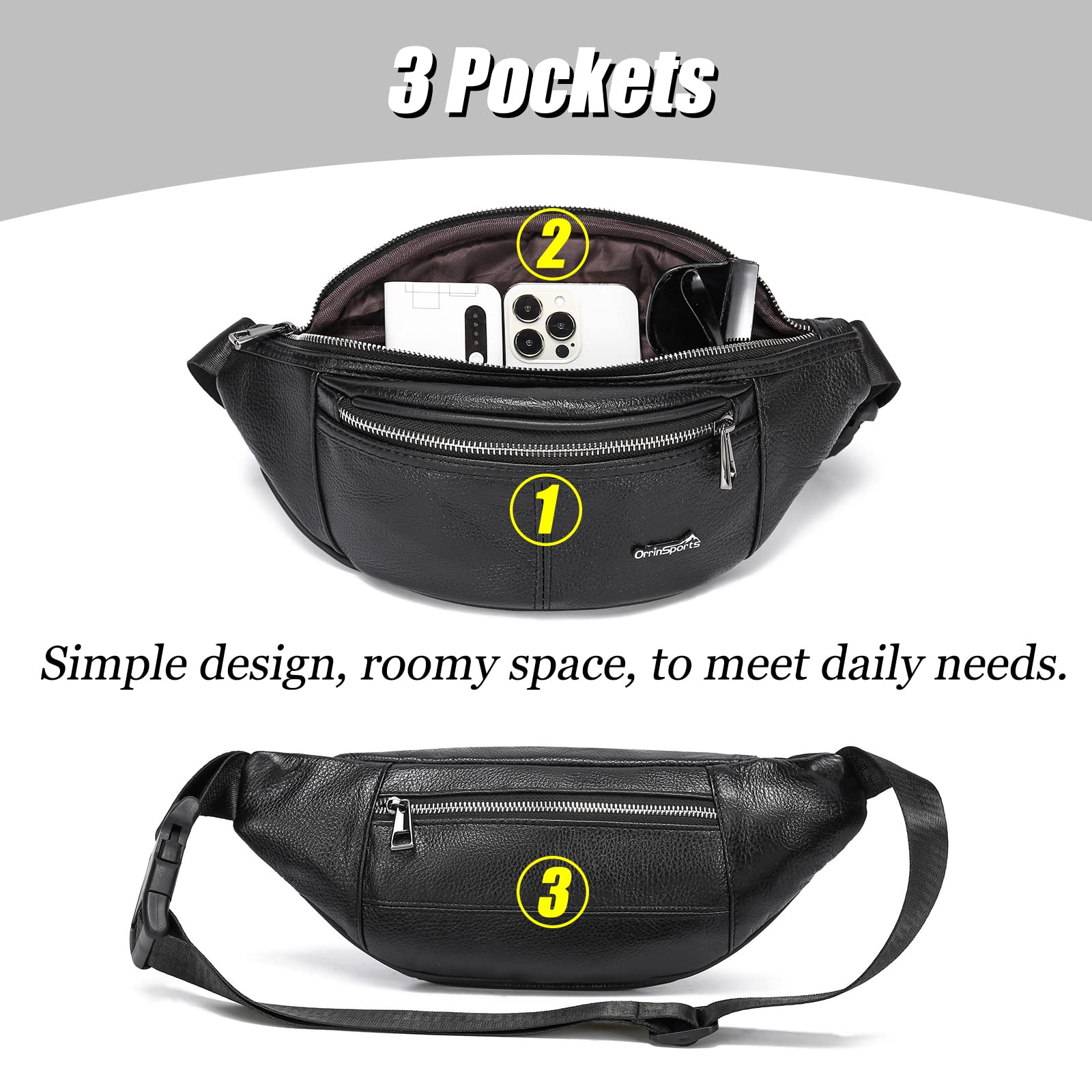 OrrinSports Black Fanny Pack for Men Genuine Leather Waist Bag Multiple Pockets Metal Zippers Belt Bag for Travel Hiking Cycling Fishing