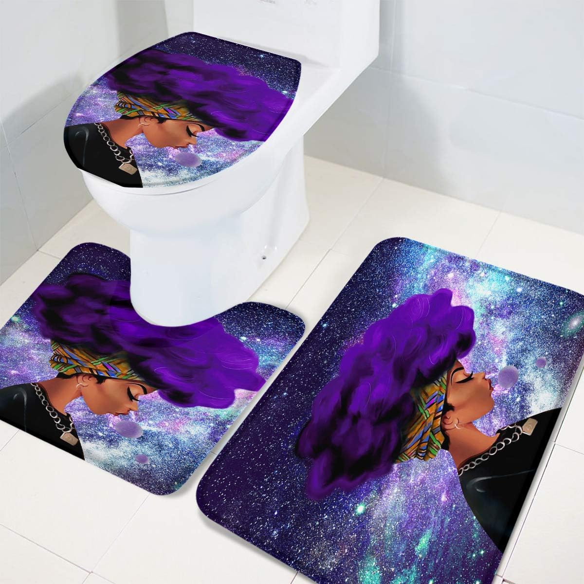 Amazon Com Artshowing Afro African Women Black 3 Piece Bathroom Rug Set Soft Comfort Bathroom Mats Anti Skid Absorbent Toilet Seat Cover Bath Mat Lid Cover 3pcs Set Rugs Purple Galaxy Space Home