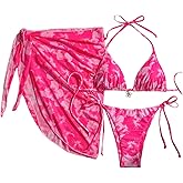 Verdusa Women's 3 Piece Floral Halter Triangle Bikini Set Tie Back Swimsuit with Cover Up Skirt Summer Vacation Outfits