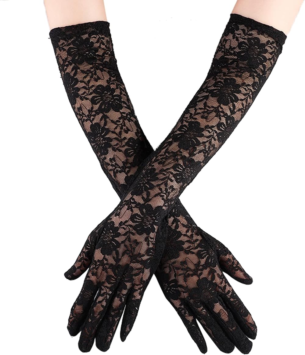 IRYNA Long Lace Gloves Black Elbow Length Opera Silk Hand Sleeves